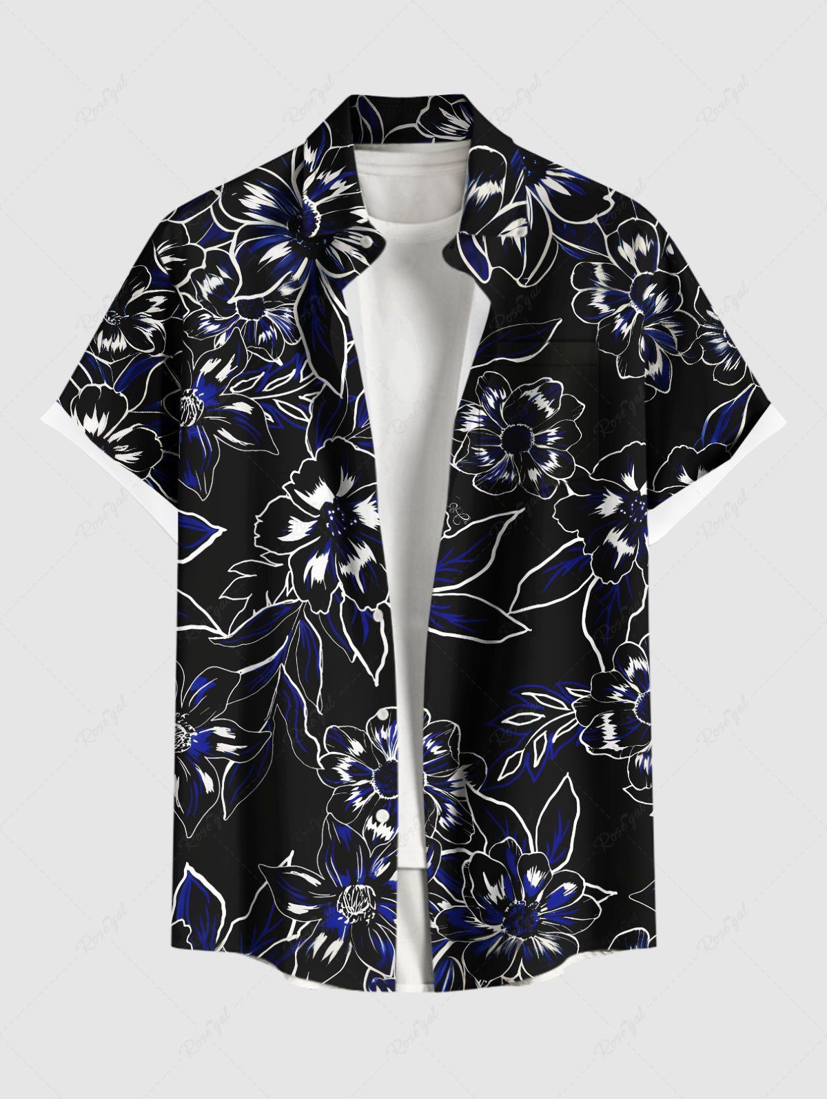 Chic Plus Size Flowers Leaf Print Buttons Pocket Hawaii Shirt For Men  