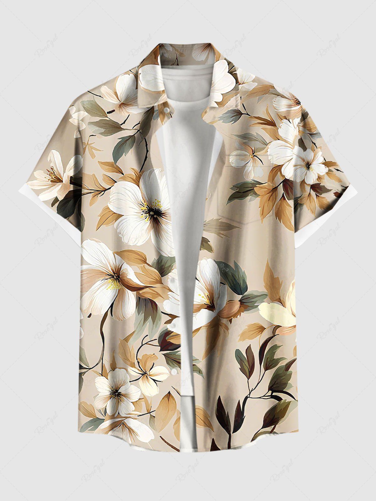 Chic Plus Size Flowers Leaf Print Buttons Hawaii Pocket Shirt For Men  