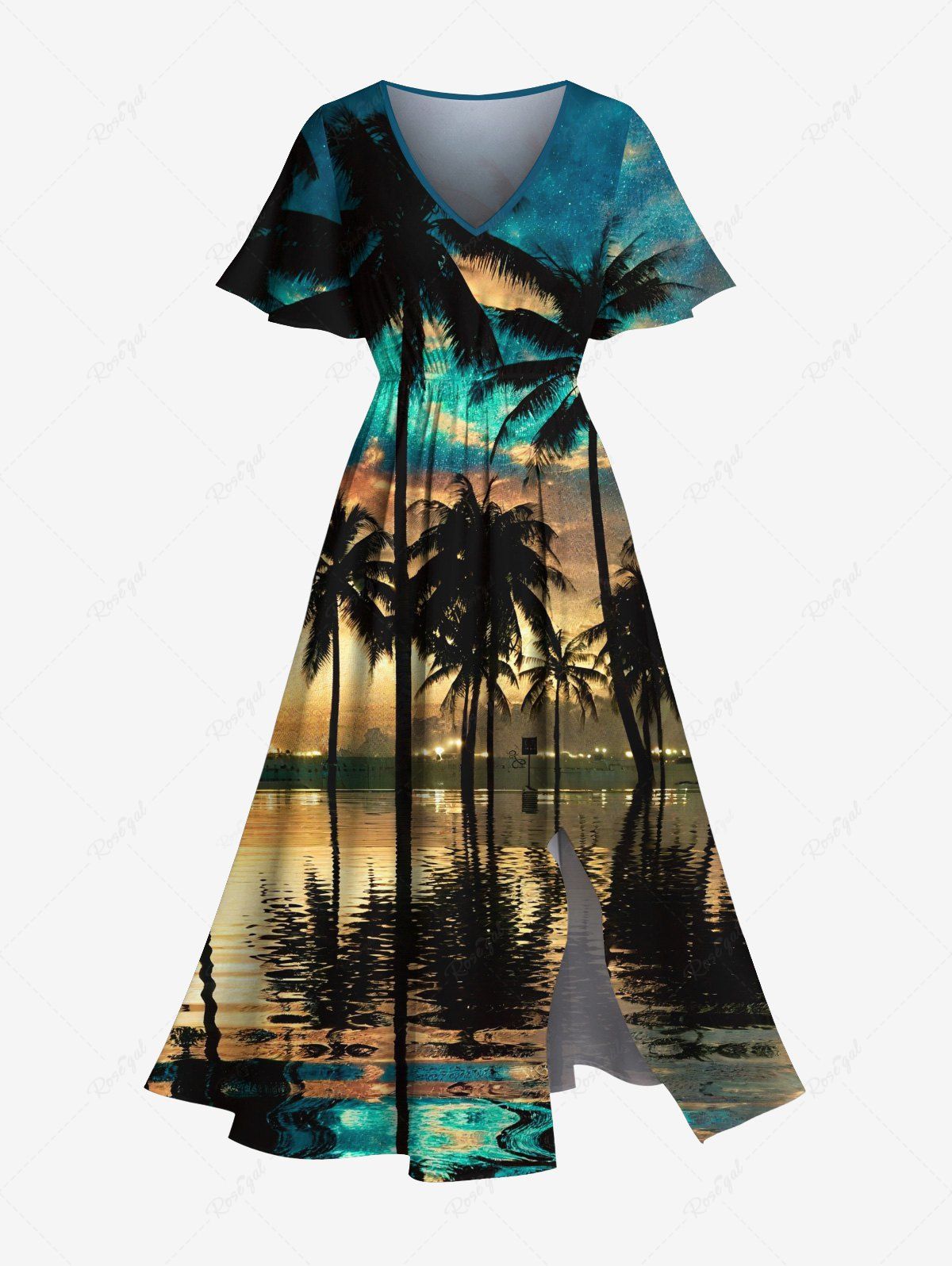 Unique Plus Size Coconut Tree Sea Reflection Cloud Print Split Hawaii Midi Dress  
