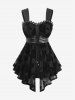 Rose Flocking Mesh Lace-up Tank Top and Plaid Print Moon Zipper Suspender Skirt Plus Size Outfit -  
