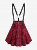 Cowl Neck Rose Lace Panel Cinched Tank Top and Plaid Print Moon Zipper Suspender Skirt Plus Size Outfit -  