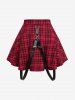 Cowl Neck Rose Lace Panel Cinched Tank Top and Plaid Print Moon Zipper Suspender Skirt Plus Size Outfit -  