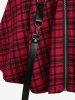 Cowl Neck Rose Lace Panel Cinched Tank Top and Plaid Print Moon Zipper Suspender Skirt Plus Size Outfit -  