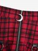 Cowl Neck Rose Lace Panel Cinched Tank Top and Plaid Print Moon Zipper Suspender Skirt Plus Size Outfit -  
