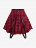 Cowl Neck Rose Lace Panel Cinched Tank Top and Plaid Print Moon Zipper Suspender Skirt Plus Size Outfit -  