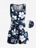 Ensemble chemise hawaïenne, short et barboteuse grande taille, imprimé branches d'hibiscus, pour couple - Bleu de Minuit 