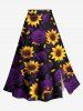 Solid Cinched Top and Sunflower Rose Flower Print Hawaii Split A Line Skirt Plus Size Matching Set -  