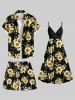 Plus Size Sunflower Leaf Print Hawaii Drawstring Pocket Beach Shorts For Men -  