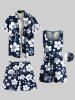 Plus Size Flower Leaf Branch Print Hawaii Drawstring Pocket Beach Shorts For Men -  