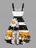 Plus Size Daisy Flower Ink Painting Striped Print Hawaii Button A Line Dress with Removable Belt -  
