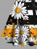 Plus Size Daisy Flower Ink Painting Striped Print Hawaii Button A Line Dress with Removable Belt -  