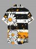Plus Size Daisy Flower Ink Painting Striped Print Hawaii Button Pocket Shirt For Men -  