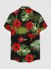 Plus Size Tropical Leaf Hibiscus Flower Print Hawaii Button Pocket Shirt For Men -  