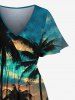 Plus Size Coconut Tree Sea Reflection Cloud Print Split Hawaii Midi Dress -  