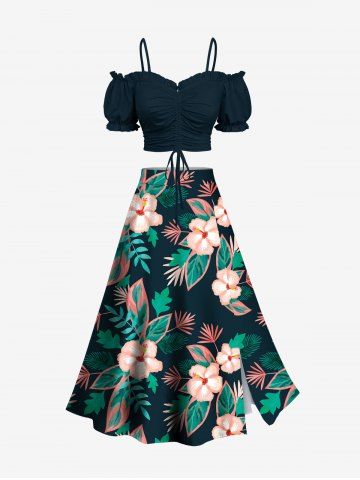 Hibiscus Flowers Leaf Print Plus Size Matching Set - BLACK