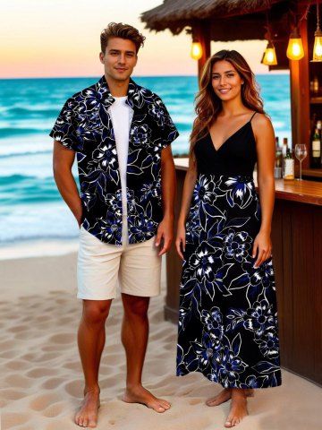 Flowers Leaf Print Plus Size Matching Hawaii Beach Outfit For Couples - BLACK