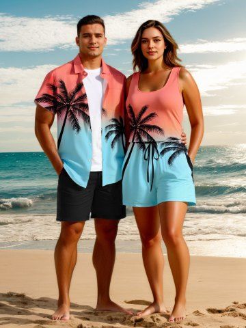 Matching Hawaii Shirt and Romper Plus Size Beach Outfit Coconut Tree Ombre Colorblock Print for Couples - LIGHT PINK