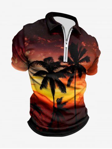 Plus Size Coconut Tree Ombre Dusk Print Hawaii Half Zipper Turn-down Collar Polo Shirt For Men - BLACK - 2XL