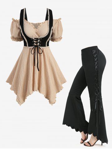 Haut corset 2 en 1 à volants texturés au crochet et pantalon évasé asymétrique uni festonné à lacets, tenue grande taille - CHAMPAGNE
