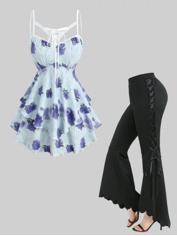 Rose Flower Tie Dye Printed Cut Out Ruffles Top and Lace Up Scalloped Hem Asymmetric Flare Pants Plus Size Outfit