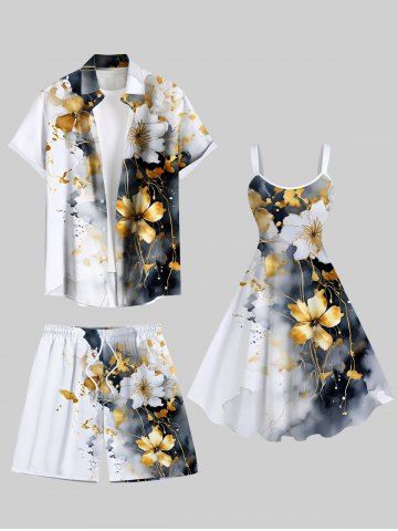 Ink Painting Tie Dye Hibiscus Flower Print Plus Size Matching Hawaii Beach Outfit For Couples - GRAY
