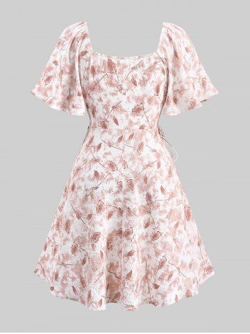 Plus Size Tie Dye Flowers Leaf Print Ruched Cinched Pockets Milkmaid Dress