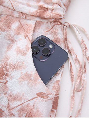 Plus Size Tie Dye Flowers Leaf Print Ruched Cinched Pockets Milkmaid Dress