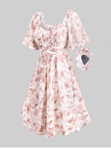 Plus Size Tie Dye Flowers Leaf Print Ruched Cinched Pockets Milkmaid Dress