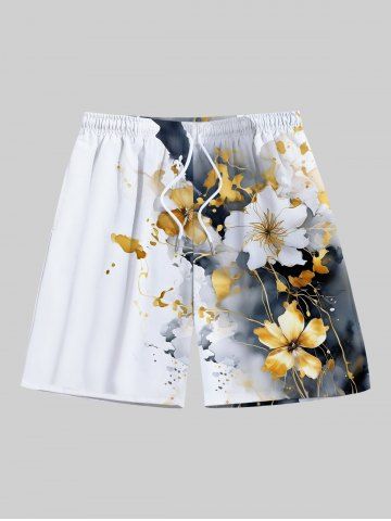 Plus Size Ink Painting Tie Dye Hibiscus Flower Print Hawaii Drawstring Pocket Beach Shorts For Men - BLACK - 8XL