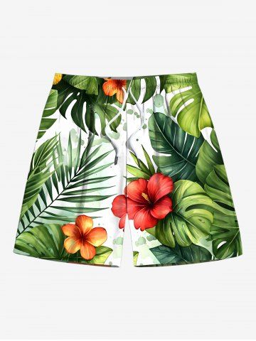 Plus Size Tropical Leaf Hibiscus Flower Print Hawaii Drawstring Beach Shorts For Men - GREEN - 6XL
