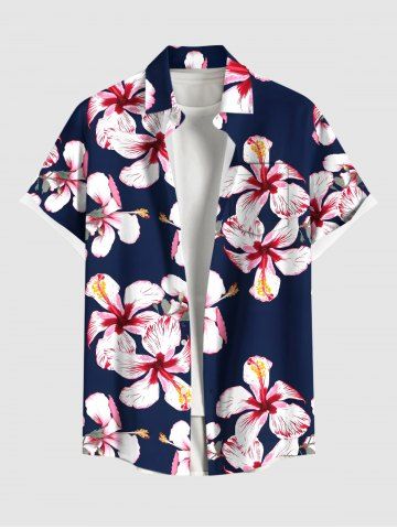 Plus Size Hibiscus Flower Print Hawaii Button Pocket Shirt For Men - BLACK - 3XL