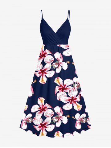 Plus Size Hibiscus Flower Print Hawaii Surplice A Line Cami Dress - BLACK - 3X