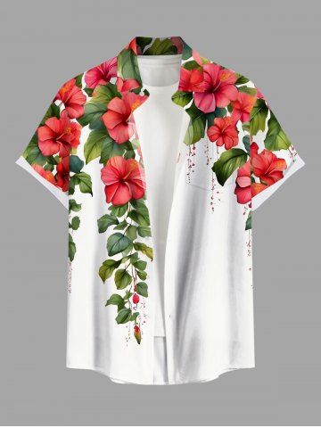Plus Size Tropical Leaf Hibiscus Flower Branch Print Hawaii Button Pocket Shirt For Men