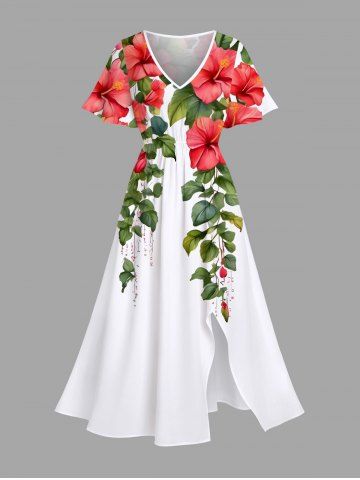 Plus Size Tropical Leaf Hibiscus Flower Branch Print Hawaii Split Pocket A Line Midi Dress - WHITE - 3X