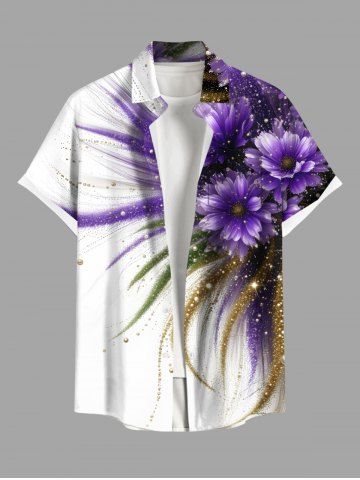Plus Size Flower Leaf Glitter Sequins Print Hawaii Button Pocket Shirt For Men - WHITE - 5XL