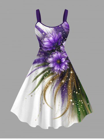 Plus Size Flower Leaf Glitter Sequins Print Hawaii A Line Tank Dress - WHITE - S