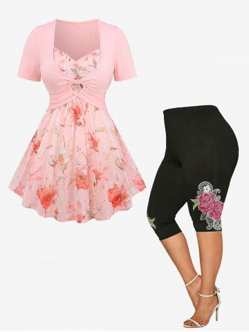 Pearl Buckle Hot Stamping Flower Print Chiffon Cami Top and Crop Top and Curve Rose Printed High Waist Capri Leggings Plus Size Outfit - LIGHT PINK