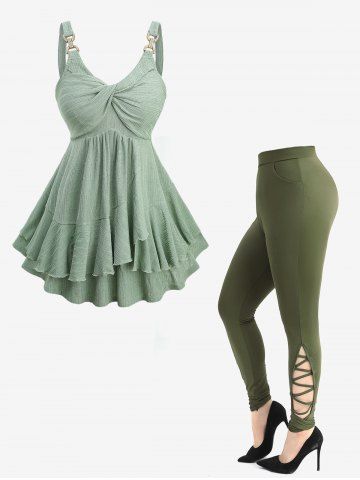 Twist Ruffles Textured Tank Top and Hollow Out Crisscross Side Skinny Leggings Plus Size Outfit - GREEN