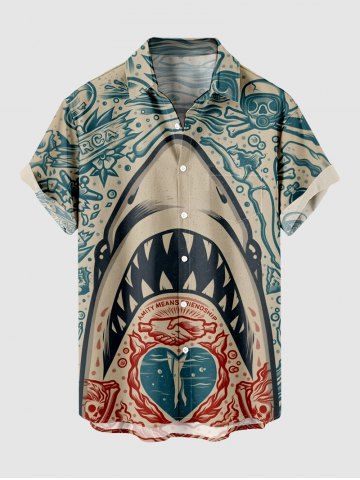 Plus Size Shark Heart Skulls Diver Print Buttons Pocket Hawaii Shirt For Men