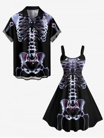 Halloween Costume Skeleton Print Plus Size Matching Hawaii Beach Outfit For Couples - BLACK
