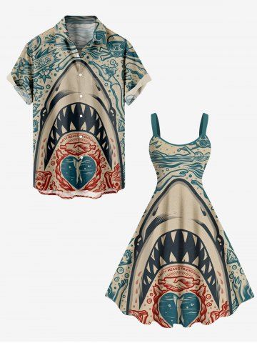 Shark Heart Skulls Diver Print Plus Size Matching Hawaii Beach Outfit For Couples