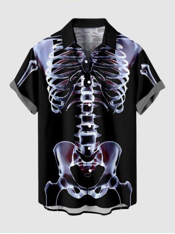Plus Size Skeleton Print Buttons Pocket Shirt For Men - BLACK - S