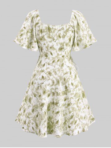 Plus Size Tie Dye Flowers Leaf Print Ruched Cinched Pockets Milkmaid Dress