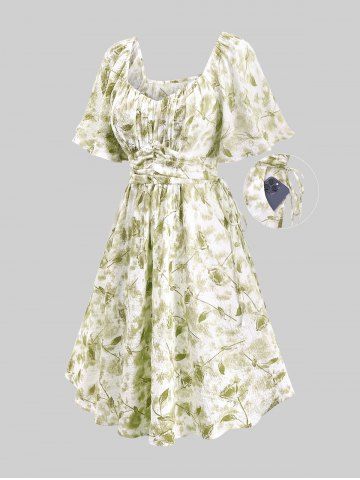 Plus Size Tie Dye Flowers Leaf Print Ruched Cinched Pockets Milkmaid Dress