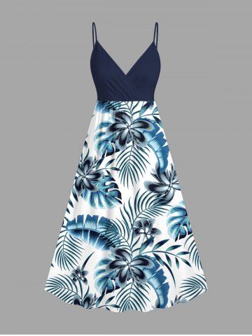 Plus Size Flowers Tropical Leaf Print Surplice Hawaii Cami Dress - BLUE - L