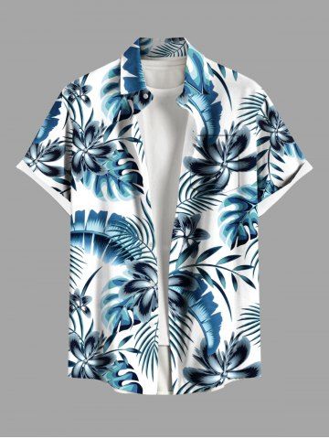 Plus Size Flowers Tropical Leaf Print Buttons Pocket Hawaii Shirt For Men - WHITE - S