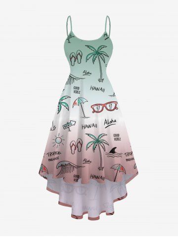 Plus Size Coconut Tree Sun Sunglasses Umbrella Sea Waves Ombre Print High Low Hawaii Cami Dress - GREEN - XXS
