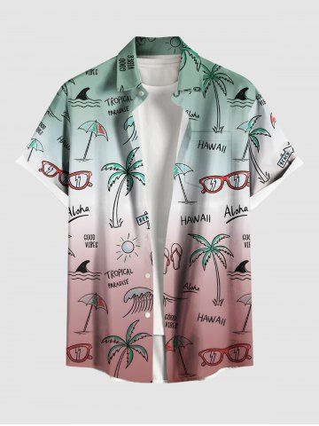 Plus Size Coconut Tree Sun Sunglasses Umbrella Sea Waves Ombre Print Buttons Pocket Hawaii Shirt For Men - GREEN - 6XL