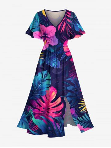 Plus Size Hibiscus Flowers Tropical Leaf Print Split Hawaii Midi Dress - SKY BLUE - M