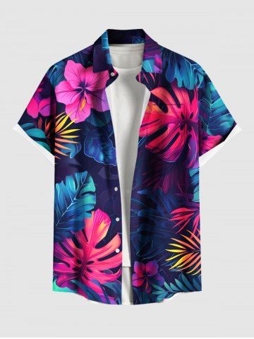 Plus Size Hibiscus Flowers Tropical Leaf Print Buttons Pocket Hawaii Shirt For Men - BLUE - XL